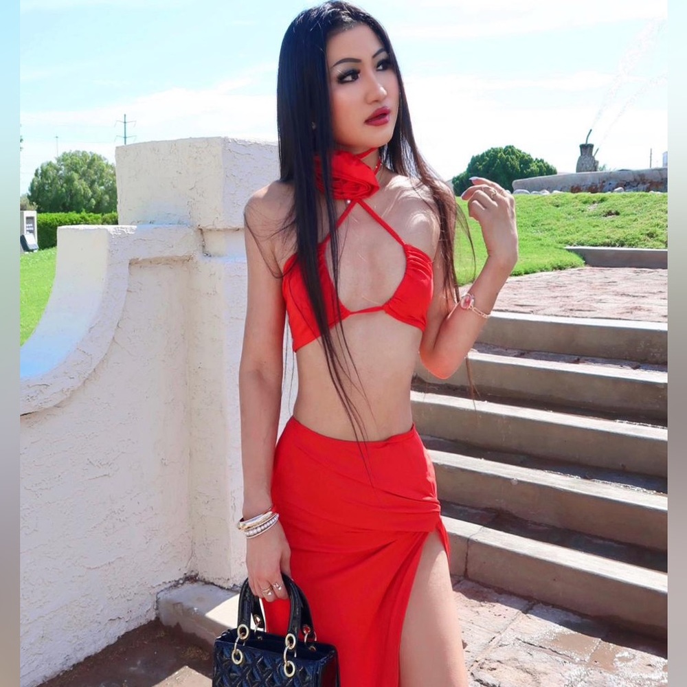 Hollow Out Floral red Dress
